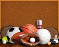 Sports Equipment, Rackets and Balls With Corkboard and Copy Space Royalty Free Stock Photo