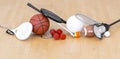 Sports equipment, rackets and balls on hardwood court floor. Horizontal education and sport poster, greeting cards, headers, websi Royalty Free Stock Photo