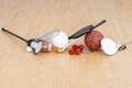 Sports equipment, rackets and balls on hardwood court floor. Horizontal education and sport poster, greeting cards, headers, websi Royalty Free Stock Photo