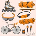 Sports equipment rollerblades, skate, bike, goggles Royalty Free Stock Photo