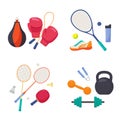 Sports equipment set. Boxing gloves with punching bag and skipping rope tennis racket running shoes active badminton and Royalty Free Stock Photo
