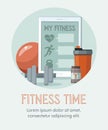 Sports equipment. Shaker, dumbbell, fitness ball and tablet. Training concept.