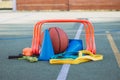 Sports equipment for sufficient quality training and fun. Basketball, jump rope, hurdles, blue cones, rubber bands, expanders.