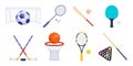 Sports equipment for tennis, badminton, baseball, table tennis, basketball, billiard, soccer, hockey. Rackets, balls, shuttlecock
