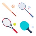 Sports equipment for tennis, badminton, baseball, table tennis. Rackets, balls, shuttlecock, stick. Vector Illustration