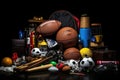 Sports equipment on a wooden table. Sports concept. Black background, AI Generated