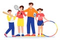 Sports family. Woman with a tennis racket, man with a soccer ball and girl with hoop and boy with baseball bat Royalty Free Stock Photo