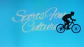 Sports Fan Culture inscription on blue background with abstract graphic illustrations and man rides a bike symbol