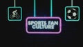 Sports Fan Culture inscription in pink neon frame on brick wall background with sports symbols on sides. Sports concept