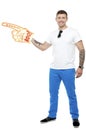 Sports fan holding Boo Hurray foam hand Royalty Free Stock Photo