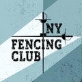 Sports fencing club poster illustration with foil. Sport vintage background. Fencer recreation flyer. Vector retro style