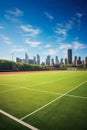 sports field bathed in sunlight on a beautiful day, with a scenic urban skyline in the background.