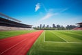 sports field bathed in sunlight on a beautiful day, with a scenic urban skyline in the background.