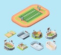 Sports fields and stadiums vector isometric illustrations set