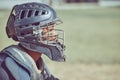 Sports, fitness and baseball catcher with helmet on diamond in stadium or park in summer sun. Game, sport and baseball Royalty Free Stock Photo
