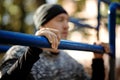 Sports and fitness concept. Close up photo of strong active man with fit muscular body. Outdoor. Royalty Free Stock Photo