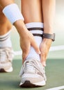 Sports, fitness and pain on woman ankle injury from exercise, training or fitness accident on sport court. Zoom of girl