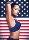 Sports, fitness and portrait of black woman with American flag background for international competition. Confidence