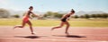 Sports, fitness and relay race with a woman athlete passing a baton to a teammate during a track race. Running, teamwork