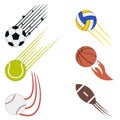 Sports flying balls set with speed motion trails. Graphic design for athletic logo with soccer, basketball, volleyball, baseball.