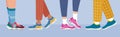 Sports footwear banner. Legs in sneakers side view. Healthy lifestyle concept. Women and men walking in sneakers. Daily activity.
