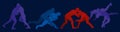 Sports freestyle wrestling. Colored silhouettes of wrestling athletes on a dark background