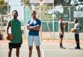 Sports, friends and basketball by basketball player team happy, smile and proud at basketball court. Fitness, men and