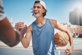 Sports, friends and handshake by man for basketball training at basketball court against a city, urban and background