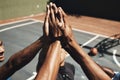 Sports friends, men or high five on basketball court in success game, community support workout or match motivation