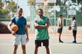 Sports, friends and portrait on basketball court for workout, fitness and athlete training. Basketball player, wellness