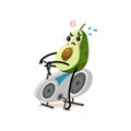 Sports fruit avocado character on a stationary bike. Cute healthy vegetable and funny sportsman. Happy food. vegetarian