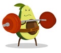 Sports fruit avocado lifts heavy barbell in gym. Endurance training in gym. Healthy fruits. Cartoon vector character isolated on