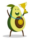 Sports fruit avocado with medal and cup of winner in competitions. Healthy fruits. Cartoon vector character isolated on white