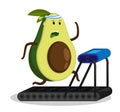 Sports fruit avocado runs on treadmill. Endurance training in gym. Healthy fruits. Cartoon vector character isolated on white