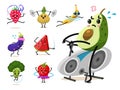 Sports fruit characters. Set of Cute healthy vegetables and funny face berries. Happy food strawberry eggplant banana Royalty Free Stock Photo