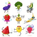 Sports fruit characters. Set of Cute healthy vegetables and funny face berries. Happy food strawberry eggplant banana Royalty Free Stock Photo