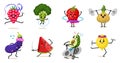 Sports fruit characters. Set of Cute healthy vegetables and funny face berries. Happy food strawberry eggplant banana