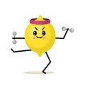 Sports fruit lemon character with dumbbells. Cute healthy vegetable and funny face. Happy food. vegetarian vitamin diet Royalty Free Stock Photo