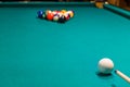 Sports game of billiards on a green cloth. Multi-colored billiard balls with numbers Royalty Free Stock Photo