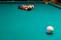 Sports game of billiards on a green cloth. Multi-colored billiard balls with numbers Royalty Free Stock Photo