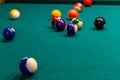 Sports game of billiards on a green cloth. Multi-colored billiard balls with numbers Royalty Free Stock Photo