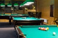 Sports game of billiards on a green cloth. Multi-colored billiard balls with numbers Royalty Free Stock Photo