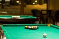 Sports game of billiards on a green cloth. Multi-colored billiard balls with numbers Royalty Free Stock Photo