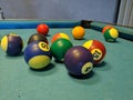 Multi-colored billiard balls on a pool table Royalty Free Stock Photo