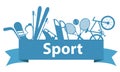 Sports and game equipment on a blue ribbon