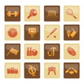 Sports gear and tools icons over brown background