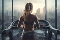 Sports girl athlete in sportswear runs on a treadmill. Vigorous training of sportswoman in the gym alone. View from Royalty Free Stock Photo