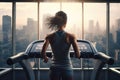 Sports girl athlete in sportswear runs on a treadmill. Vigorous training of sportswoman in the gym alone. View from Royalty Free Stock Photo