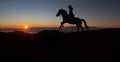 Sports girl riding a horse at countryside in a field, isolated image, black silhouette on a sunset background, against morning sky Royalty Free Stock Photo