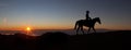 Sports girl riding a horse at countryside in a field, isolated image, black silhouette on a sunset background, against morning sky Royalty Free Stock Photo